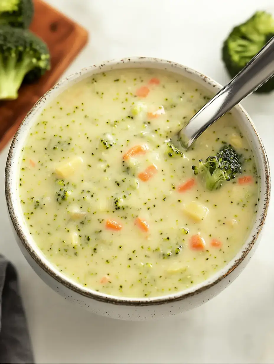 Cremige Brokkoli-Gemüse-Suppe mit Kartoffel- und Möhrenstückchen, daneben frischer Brokkoli.