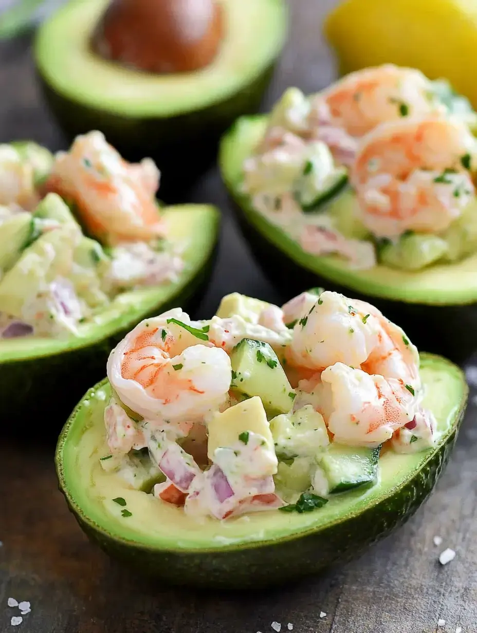 Drei halbierte Avocados mit einer Füllung aus Garnelen und Gemüse, mit Kräutern garniert, auf Holz.