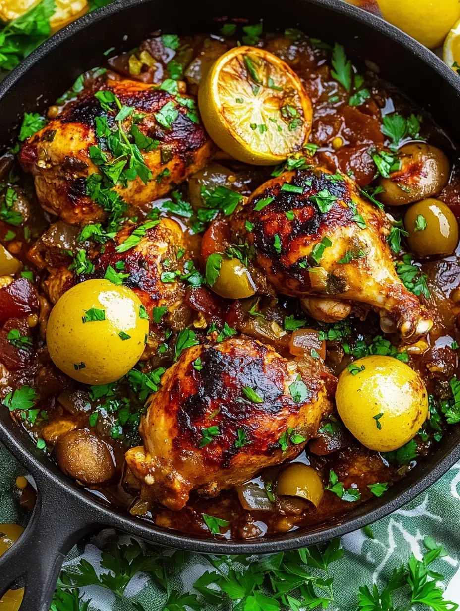 Hähnchenteile, mit Petersilie bestreut, dazu Oliven, Zitronenscheiben und kleine Kartoffeln in herzhafter Sauce in der Pfanne – Close-up.