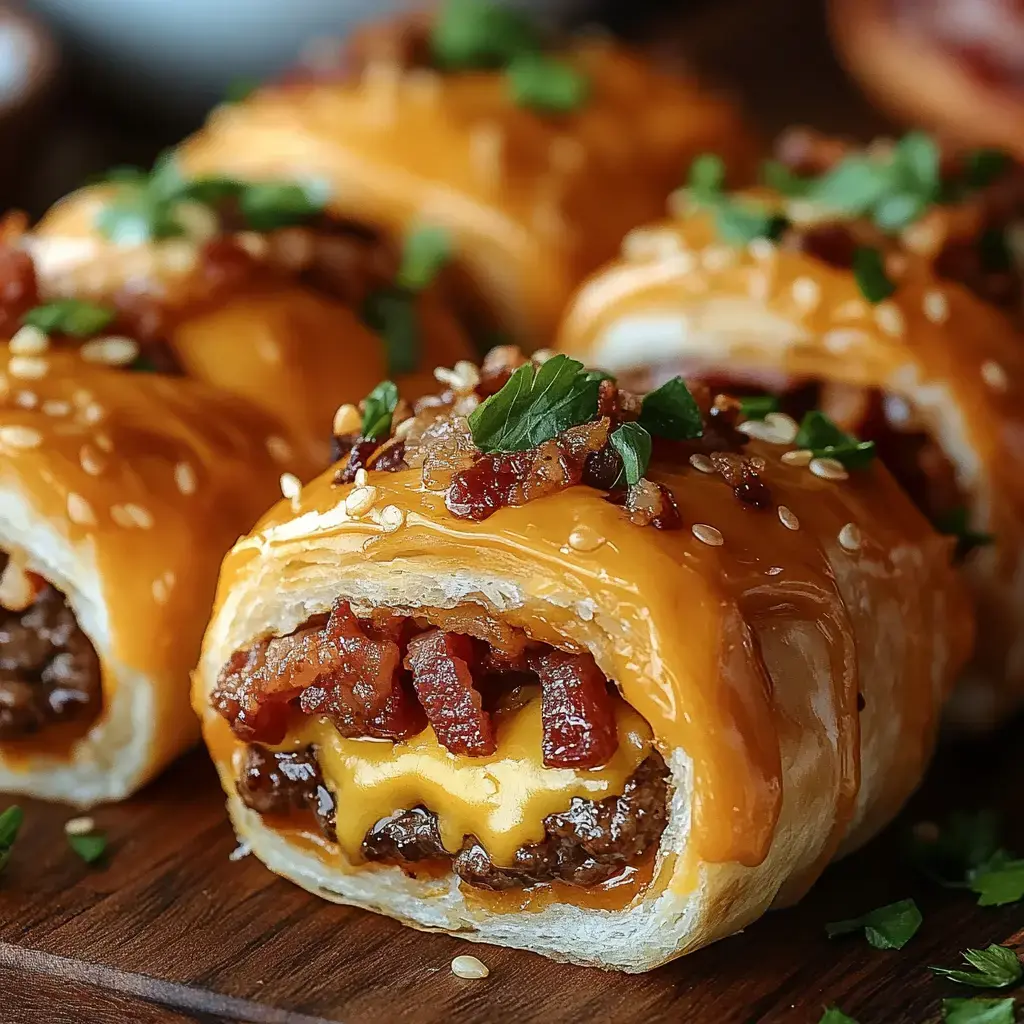 Eine Nahaufnahme von köstlichen Teigröllchen gefüllt mit Hackfleisch, Cheddar und knusprigem Speck, garniert mit Sesamsamen und gehackten Kräutern.
