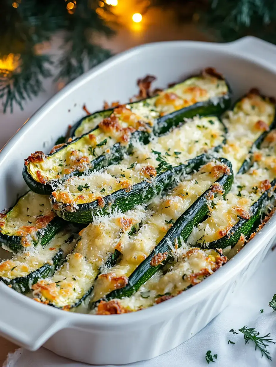 Eine Auflaufform mit goldbraunen, käsigen Zucchini-Sticks, getoppt mit Kräutern und Semmelbröseln.