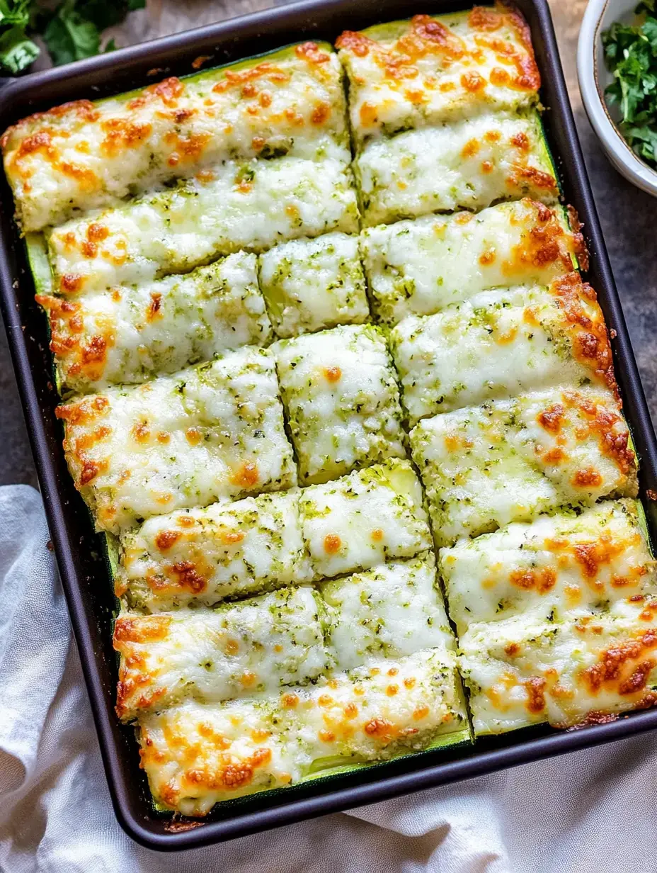 Ein gebackenes Gericht mit rechteckigen Stücken käsiger, mit Pesto bedeckter Zucchini-Scheiben, angeordnet in einer Backform.