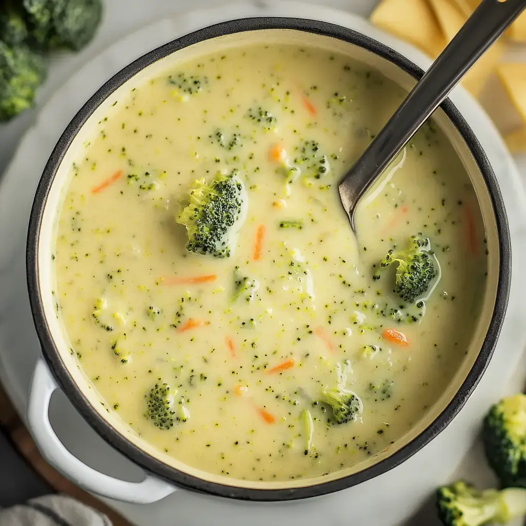 Schüssel mit cremiger Brokkolikäsesuppe, dazwischen Brokkoli und Möhrenstücke, mit Metalllöffel.