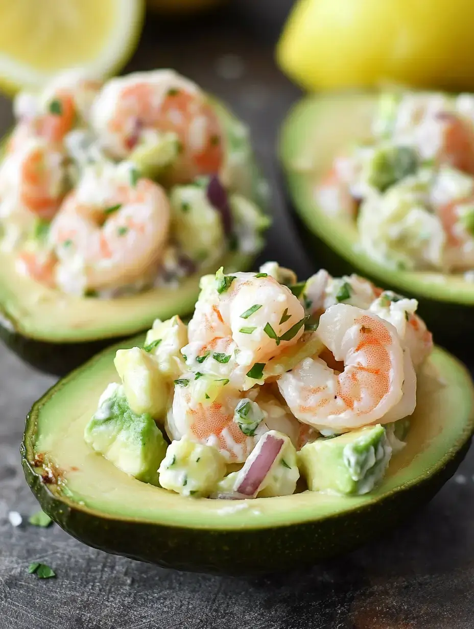 Drei halbierte Avocados, gefüllt mit Garnelensalat und Kräutern, dahinter Zitronenscheiben auf dunklem Untergrund.