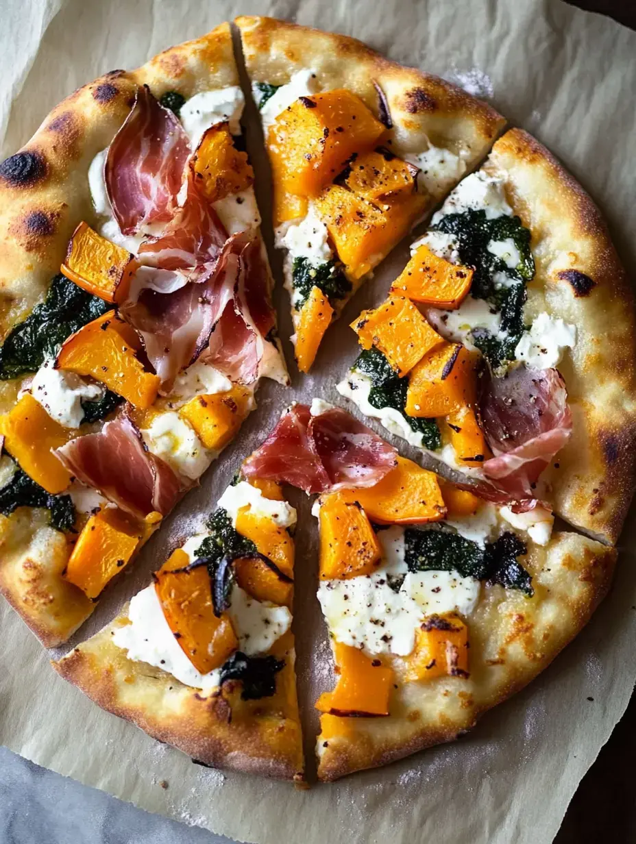 Eine geschnittene Pizza belegt mit geröstetem Butternut-Kürbis, Grünzeug, Ricotta-Käse und Scheiben Rohschinken auf Backpapier.