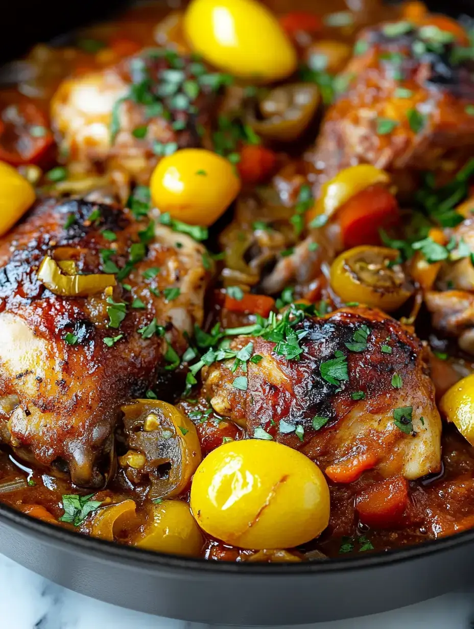 Herzhaftes Hähnchen mit Tomaten, gelben Kirschtomaten und grünen Oliven, mit frischer Petersilie bestreut – Close-up.
