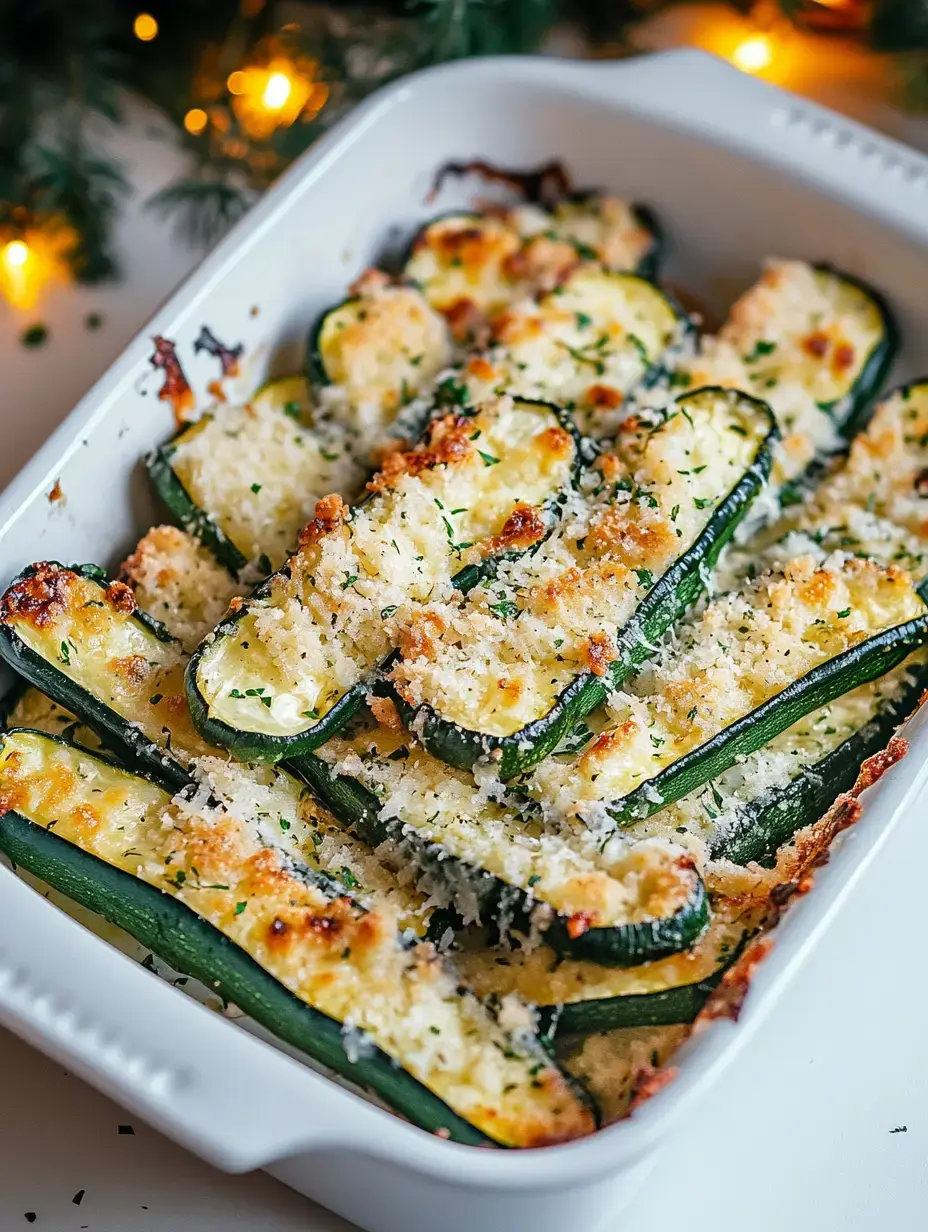 Eine Auflaufform mit überbackener Zucchini, getoppt mit goldenen Semmelbröseln und Kräutern, alles in einer weißen Form.