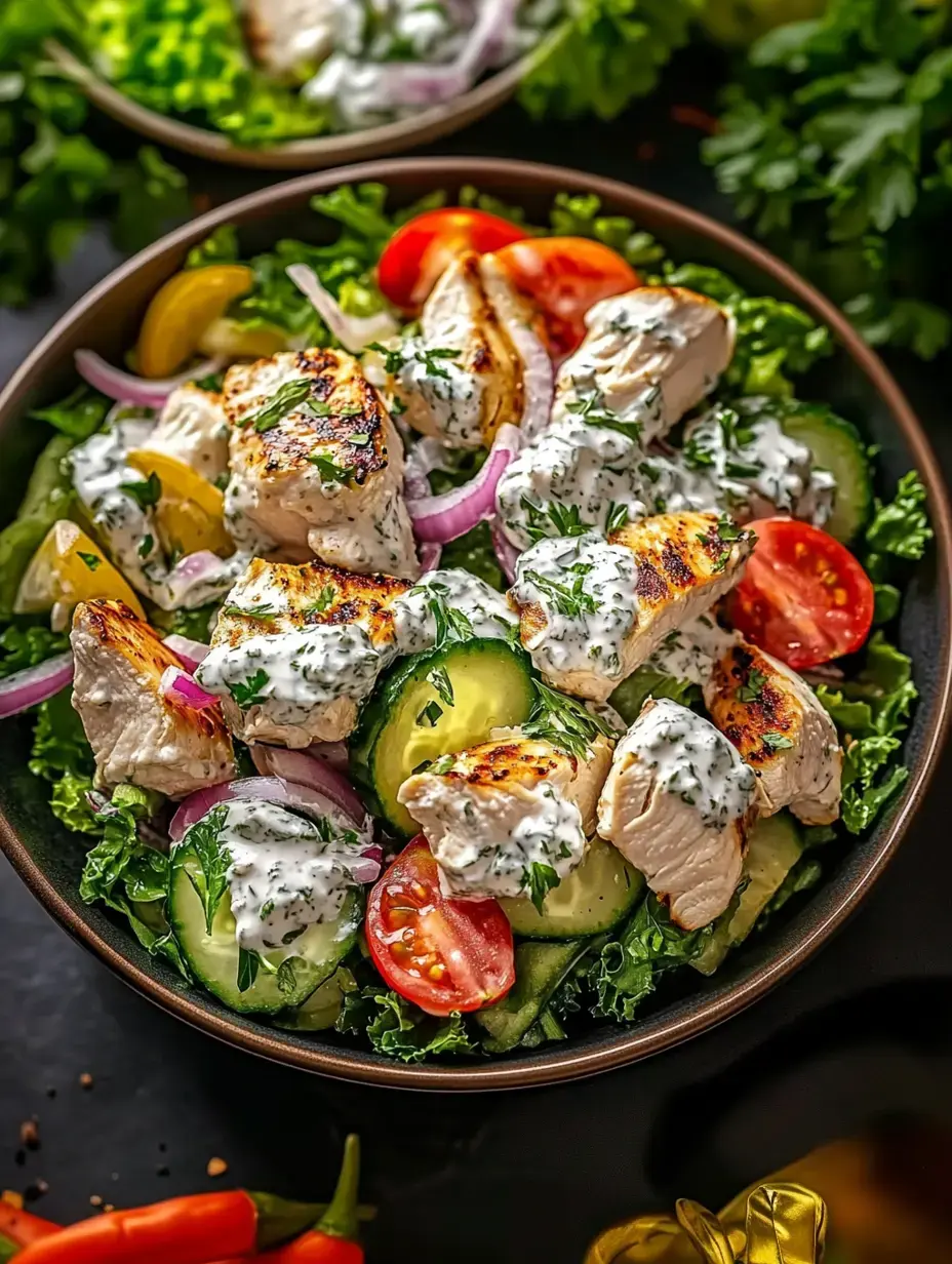 Ein bunter Salat mit gegrilltem Hähnchen, Gurke, Cherrytomaten, roten Zwiebeln und einem cremigen Kräuterdressing auf grünen Blättern.