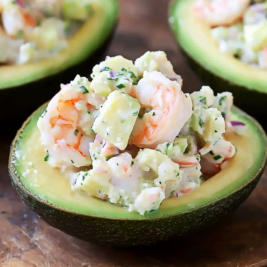 Eine halbierte Avocado, gefüllt mit einem cremigen Mix aus Garnelen, Gemüse und frischen Kräutern.