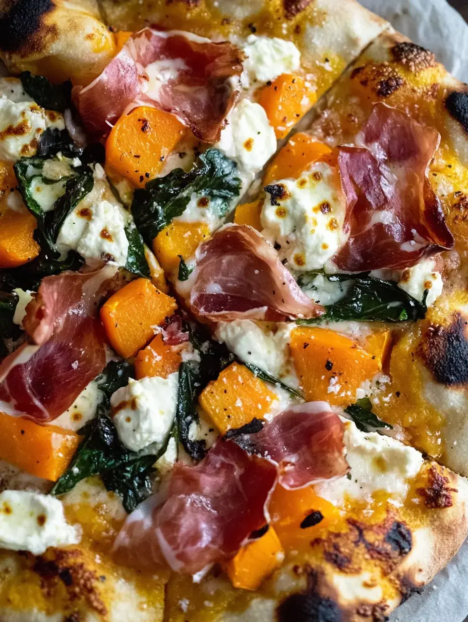 Eine Nahaufnahme einer Gourmet-Pizza mit orangefarbenem Butternut-Kürbis, frischem Spinat, Klecksen Ricotta-Käse und Scheiben Rohschinken auf einem dünnen, knusprigen Teig.