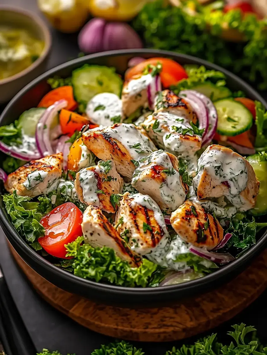 Ein leuchtender Salat mit Hähnchen, frischem Gemüse und cremigem Dressing in einer schwarzen Schüssel.