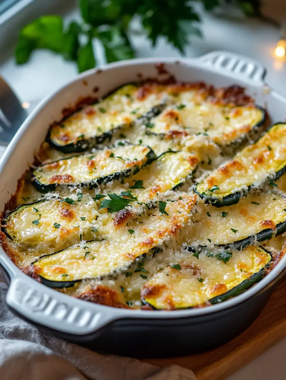 Eine gebackene Auflaufform mit Zucchinischeiben, Käse überbacken und mit Petersilie garniert.