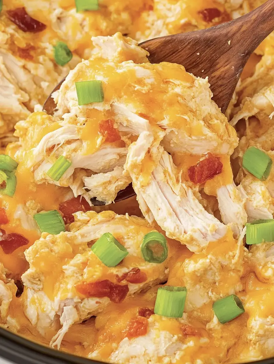 Nahaufnahme von gezupftem Hühnchen mit geschmolzenem Käse, grüner Zwiebel und etwas Salsa garniert.
