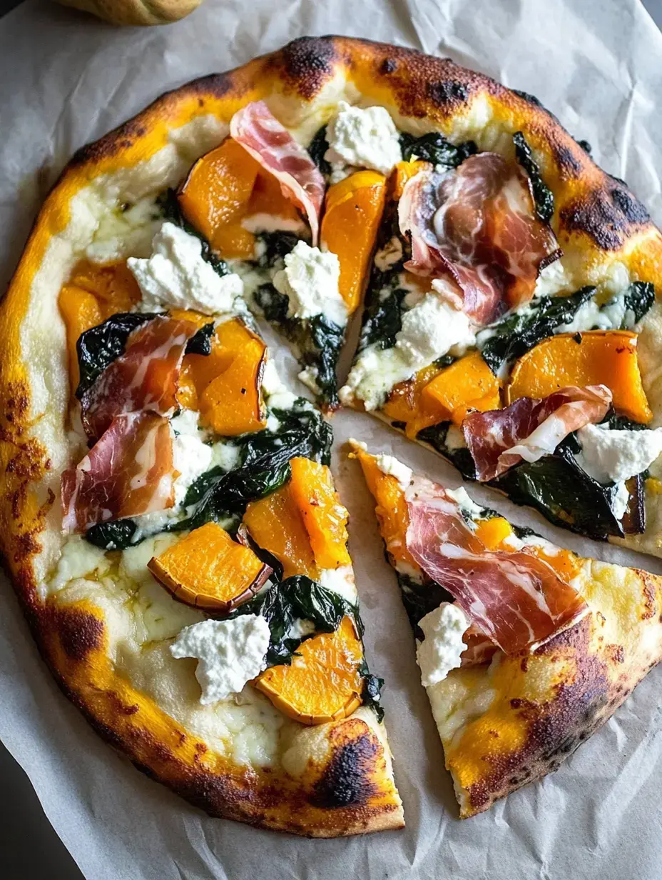 Eine frisch gebackene Pizza belegt mit Scheiben Butternut-Kürbis, Rohschinken, Ricotta-Käse und Grünzeug, mit einem herausgeschnittenen Stück.