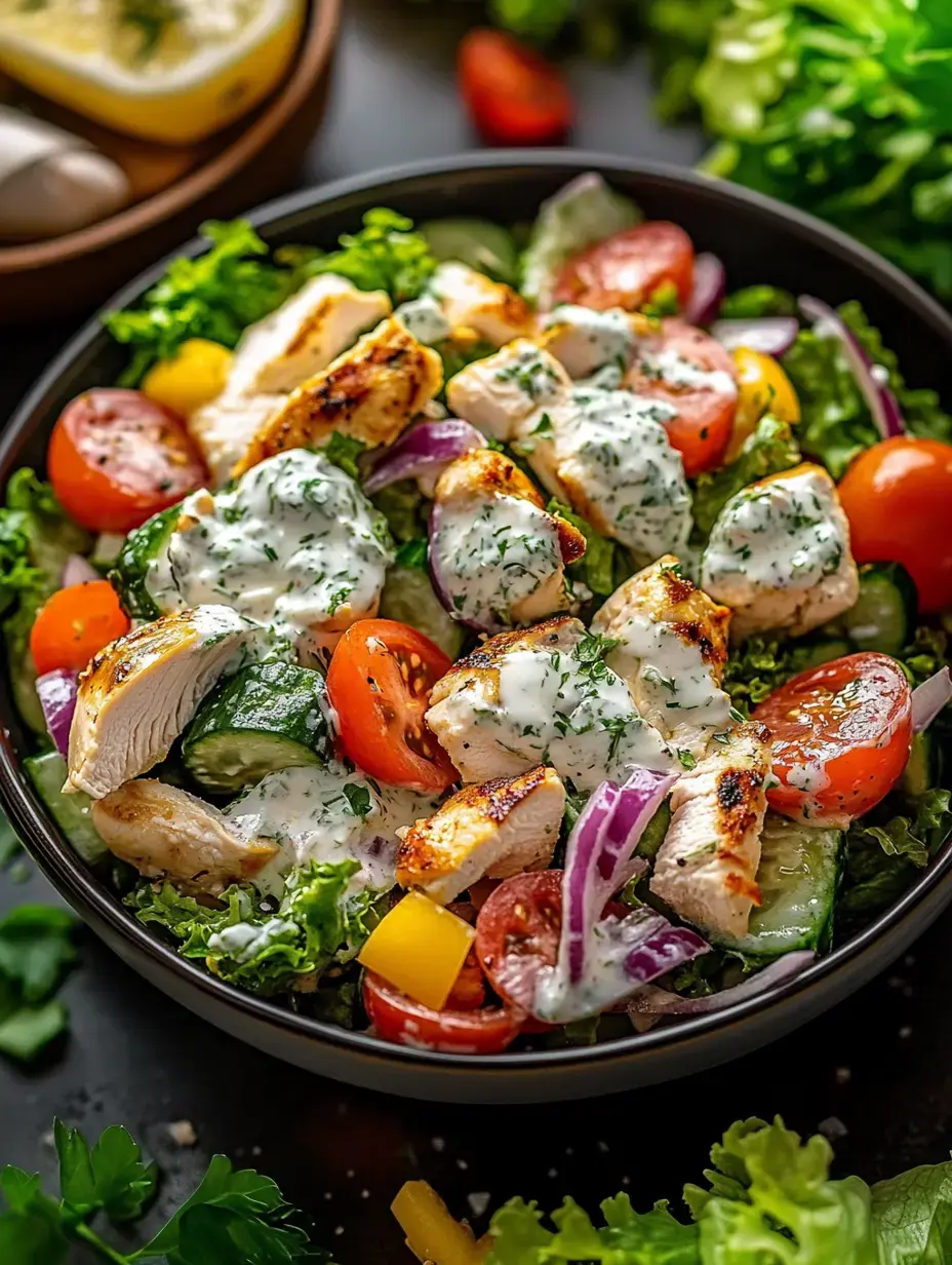 Ein schillernder Salat mit Grillhähnchen, Cherrytomaten und cremigem Dressing in einer dunklen Schüssel.