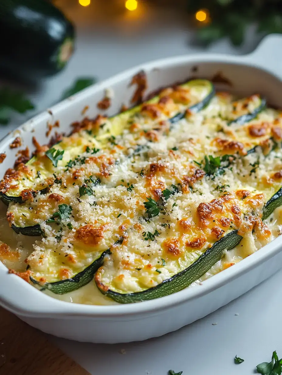 Eine überbackene Zucchini-Auflaufform mit knusprigem Käse und frischer Petersilie oben drauf.
