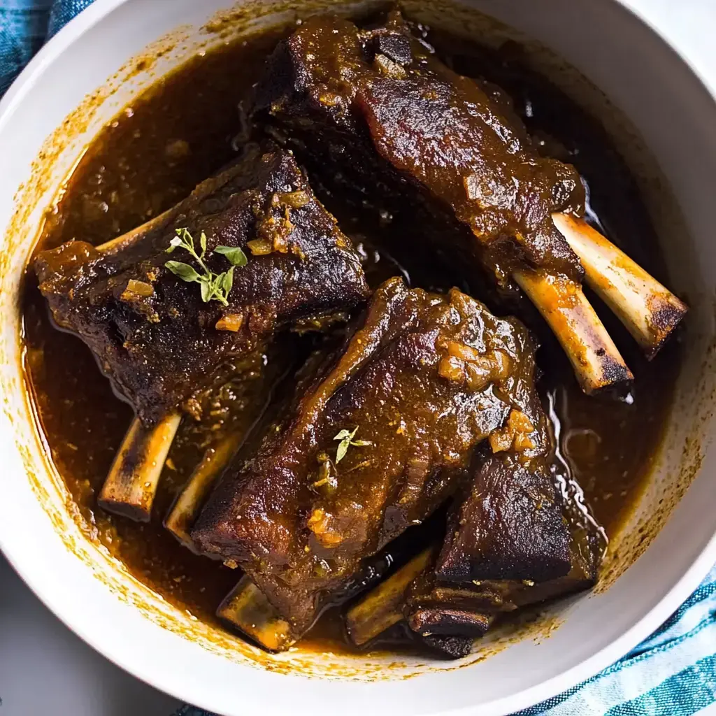 Drei wunderbar saftige Beef Short Ribs in einer dicken Sauce, mit Kräutern bestreut in einer weißen Schale.