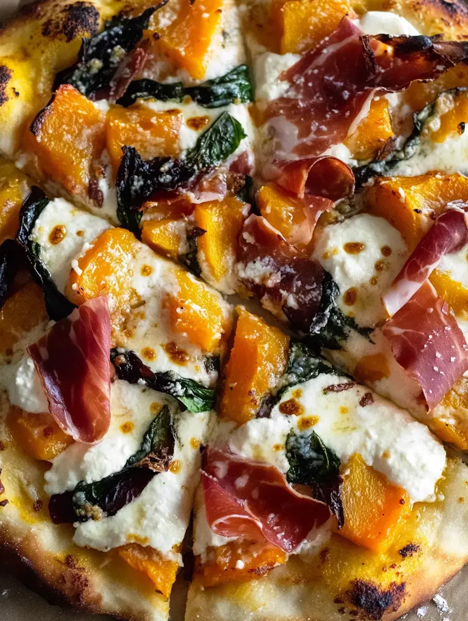 Eine frisch gebackene Pizza belegt mit Butternut-Kürbis, Ricotta, Spinat und Scheiben Rohschinken.