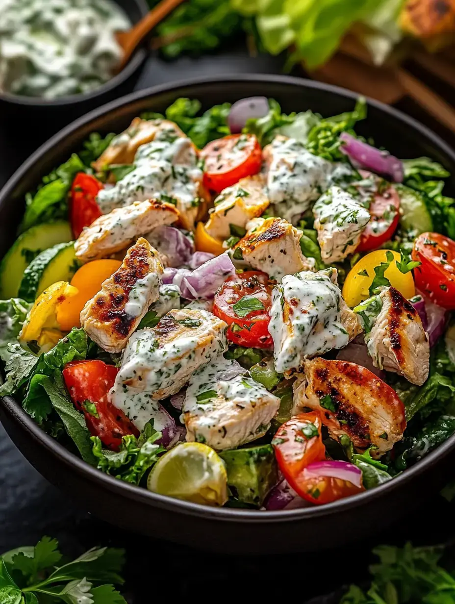 Leuchtender Salat mit Hähnchen, Salatblättern, Cherrytomaten, Gurken und cremigem Kräuter-Dressing.