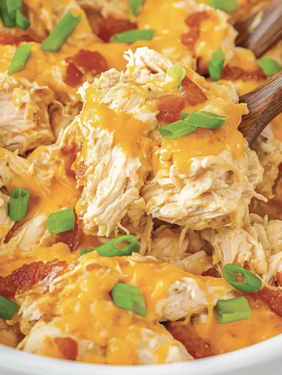 Nahaufnahme von gezupftem Hühnchen mit geschmolzenem Cheddar, Tomatenwürfeln und Frühlingszwiebeln.