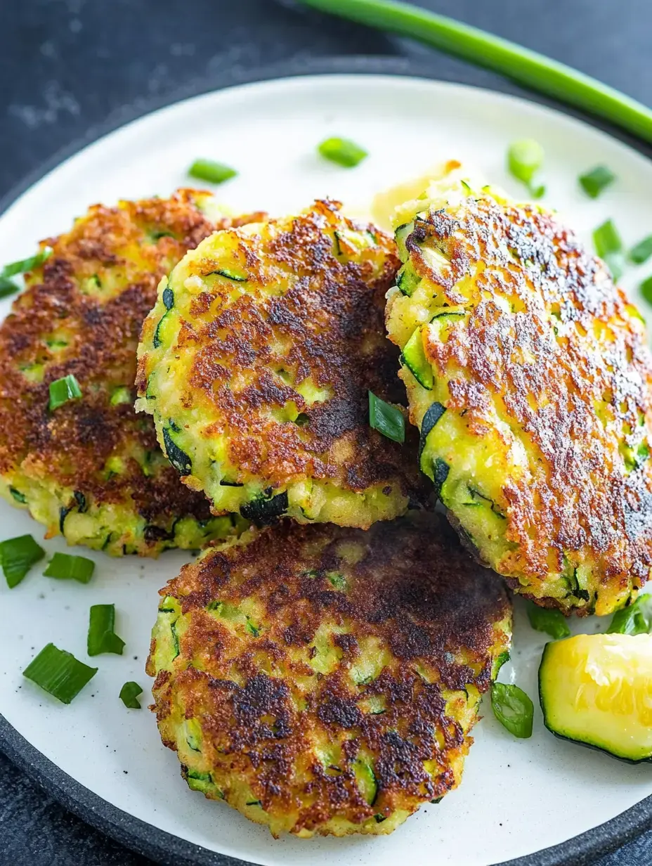 Ein Teller mit goldbraunen Zucchinibratlinge garniert mit gehackten Frühlingszwiebeln und Zucchinischeiben.
