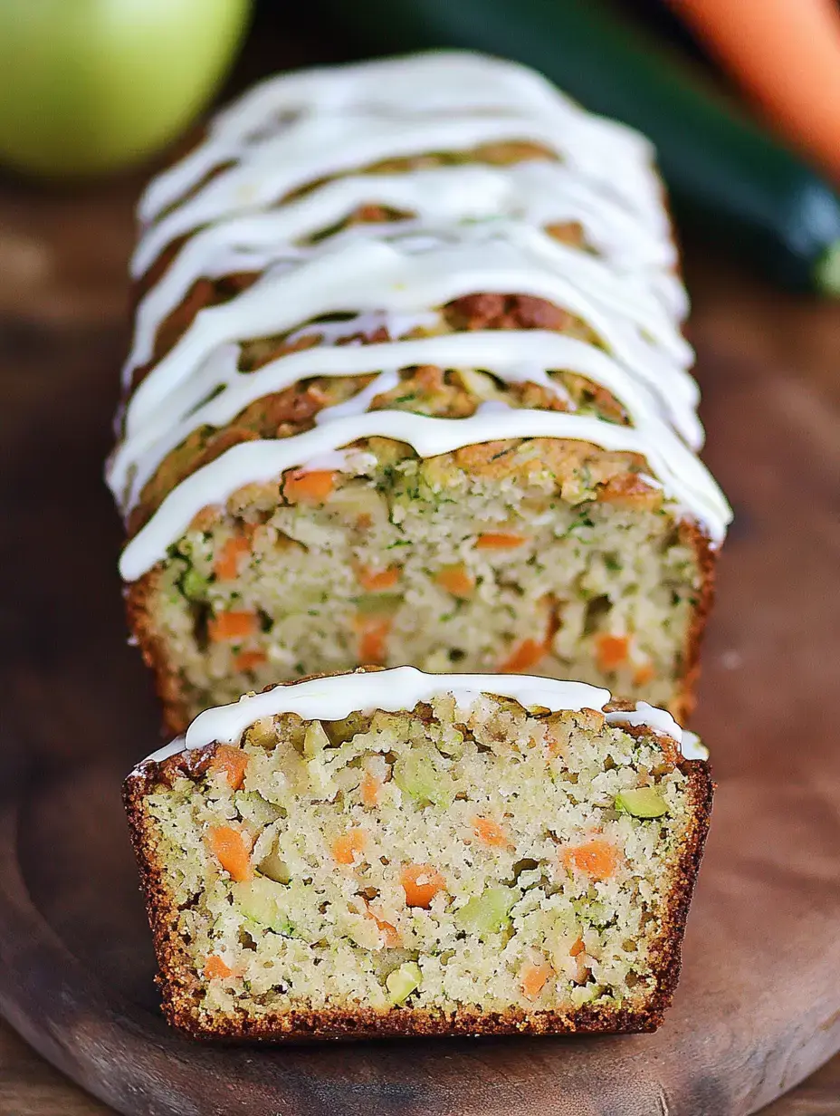 Ein aufgeschnittenes Gemüsebrot mit weißem Guss, das bunte Stückchen von Karotten und Zucchini im Inneren zeigt.
