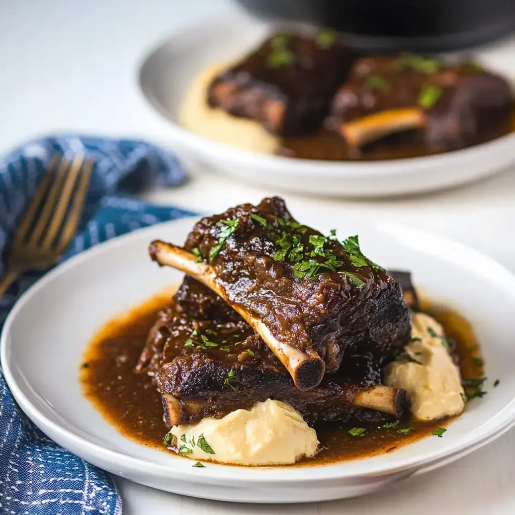 Saftige Short Ribs mit frischen Kräutern, aufgehäuft auf samtigem Kartoffelpüree und viel Sauce.
