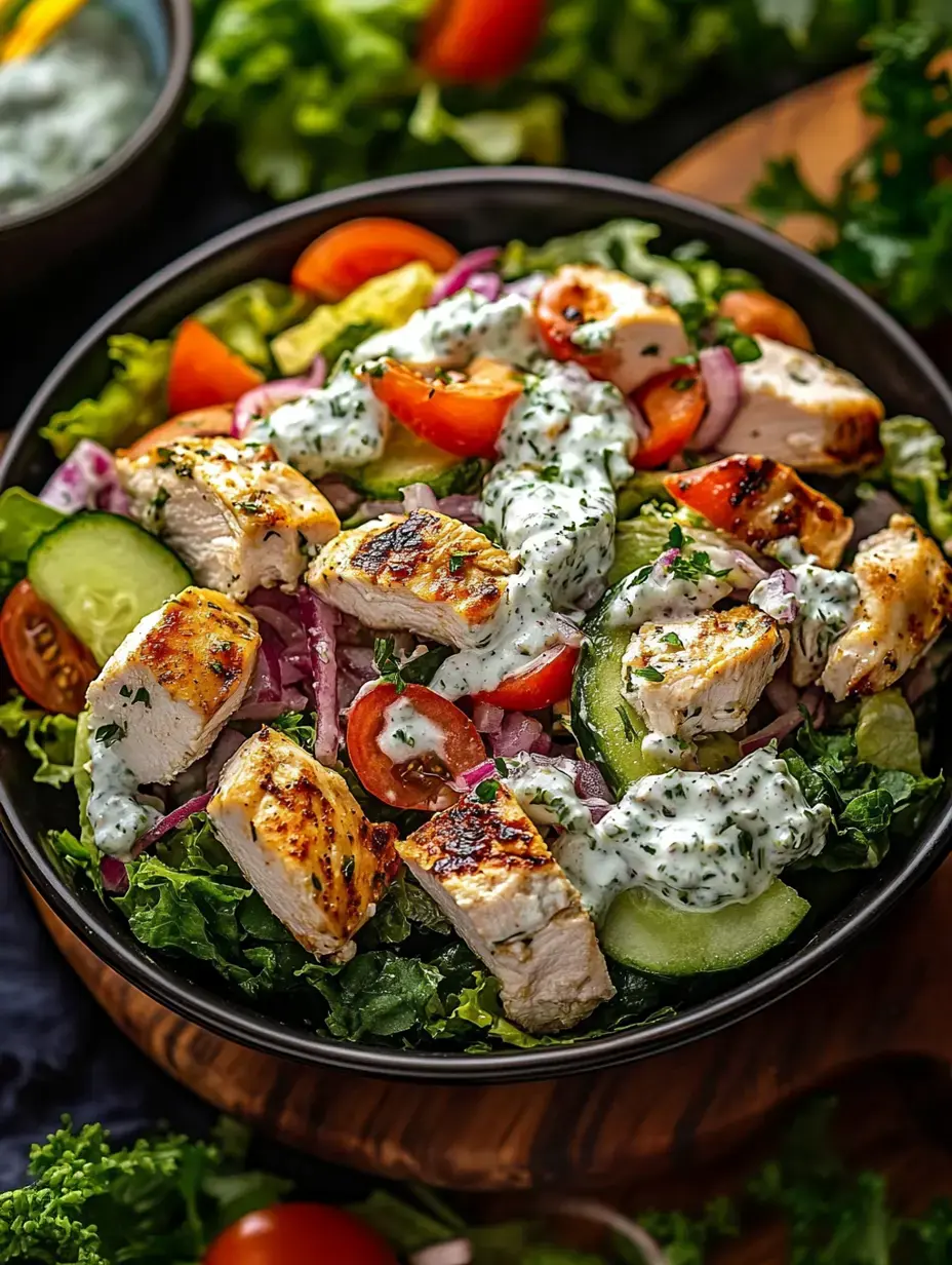 Bunter Salat mit Hähnchen, Cherrytomaten, Gurken und einem cremigen Kräuter-Dressing in einer Schale.