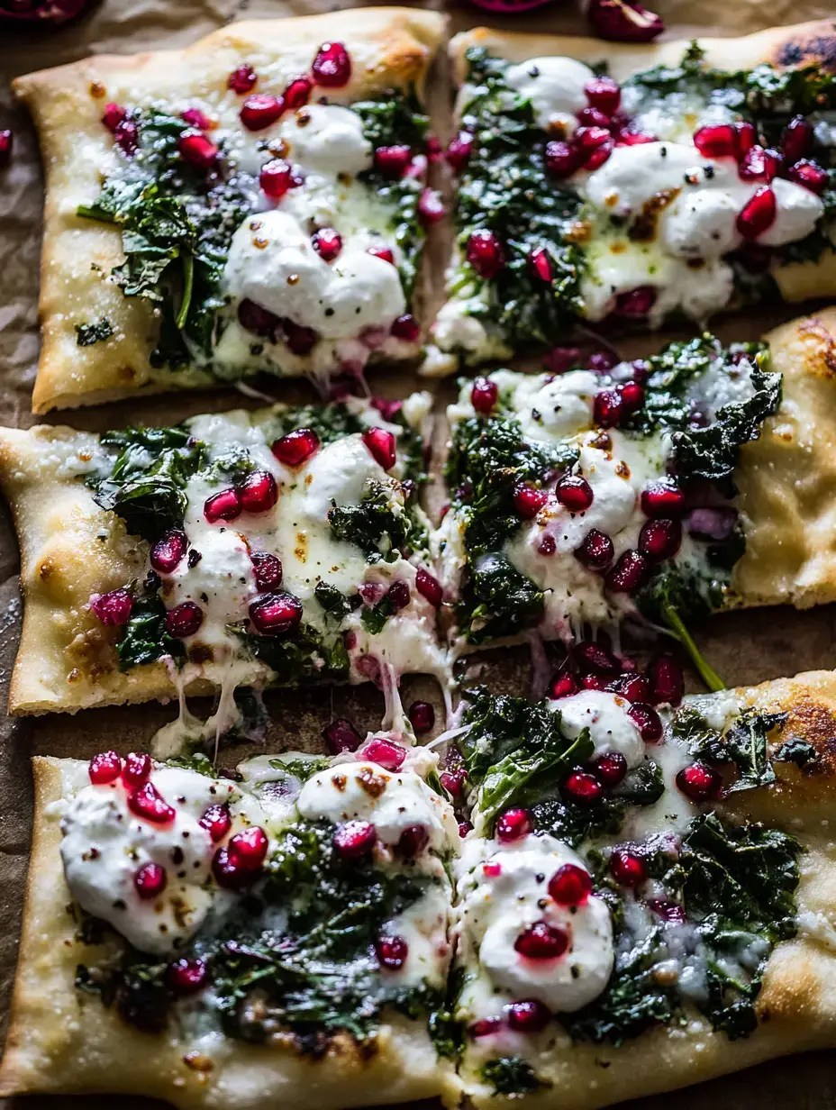 Ein frisch gebackenes Fladenbrot belegt mit geschmolzenem Käse, Grünkohl und Granatapfelkernen, in Stücke geschnitten auf einem mit Backpapier ausgelegten Untergrund.