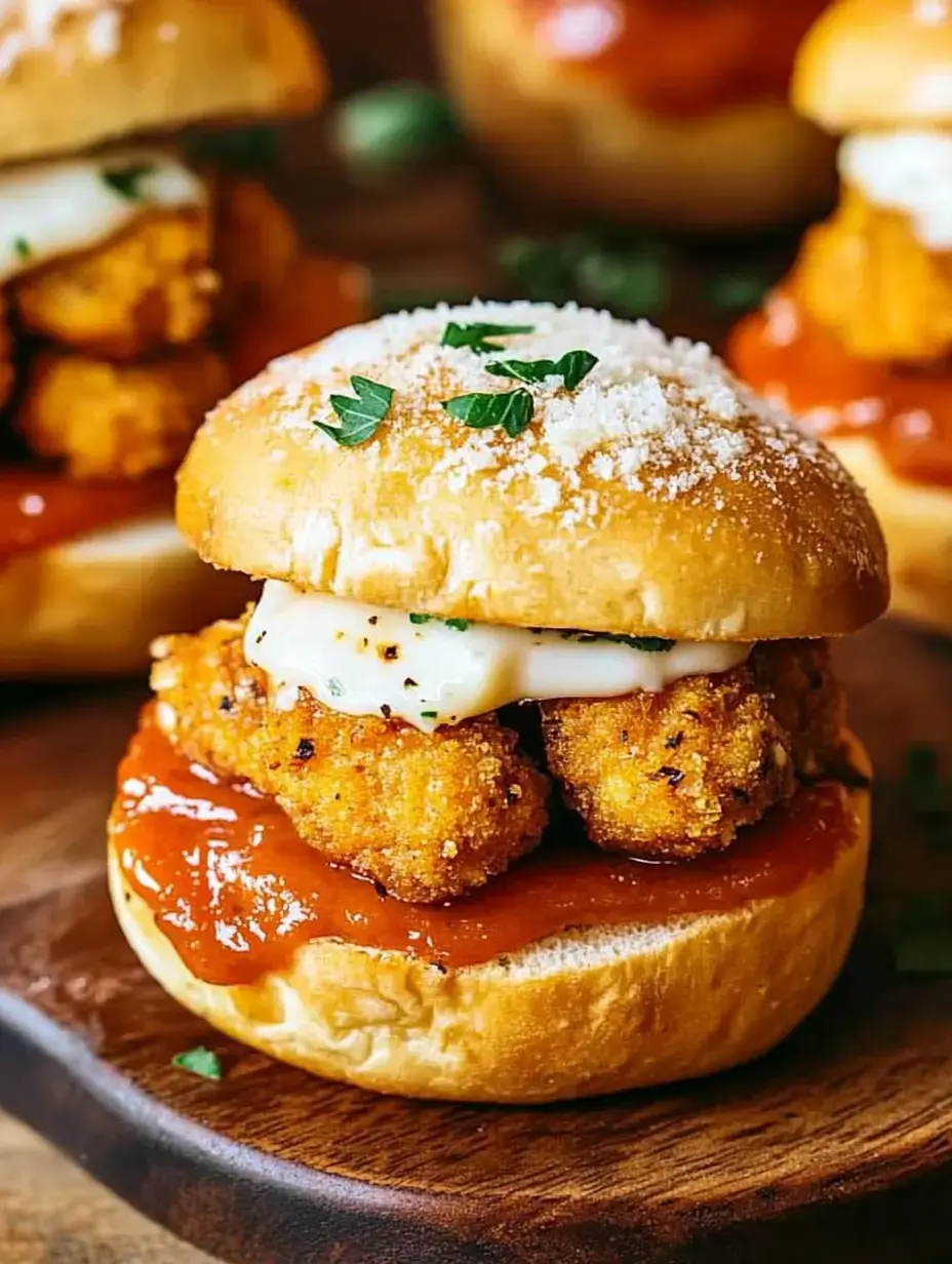 Eine Nahaufnahme eines Sandwiches mit knusprigem Hähnchen, Tomatensauce und Kräutern auf einem weichen Brötchen.