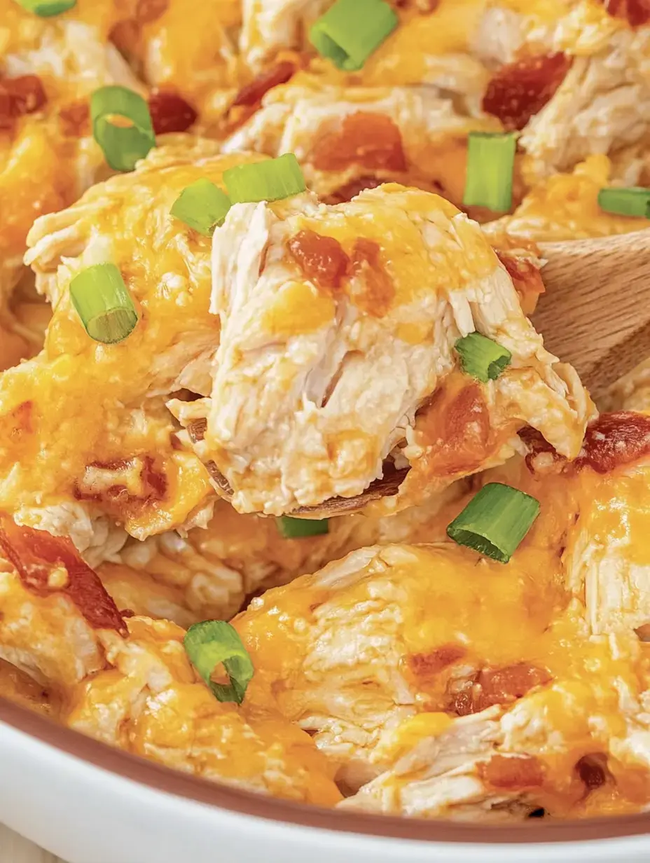 Nahaufnahme von gezupftem Hühnchen, bedeckt mit geschmolzenem Käse, Tomatenwürfeln und Frühlingszwiebeln in einer Schale.