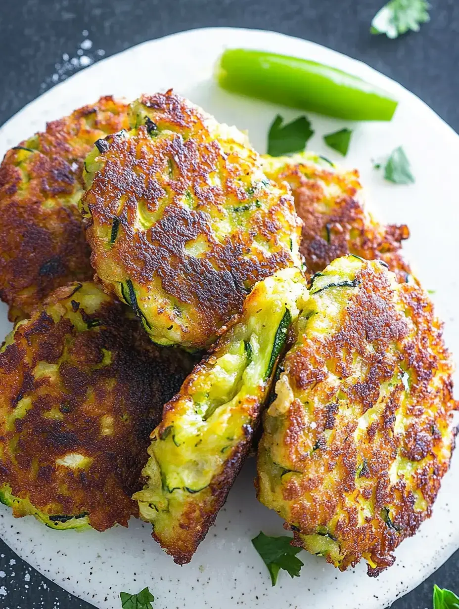 Ein Teller mit goldbraunen Zucchinibratlinge garniert mit grüner Paprika und Kräutern.