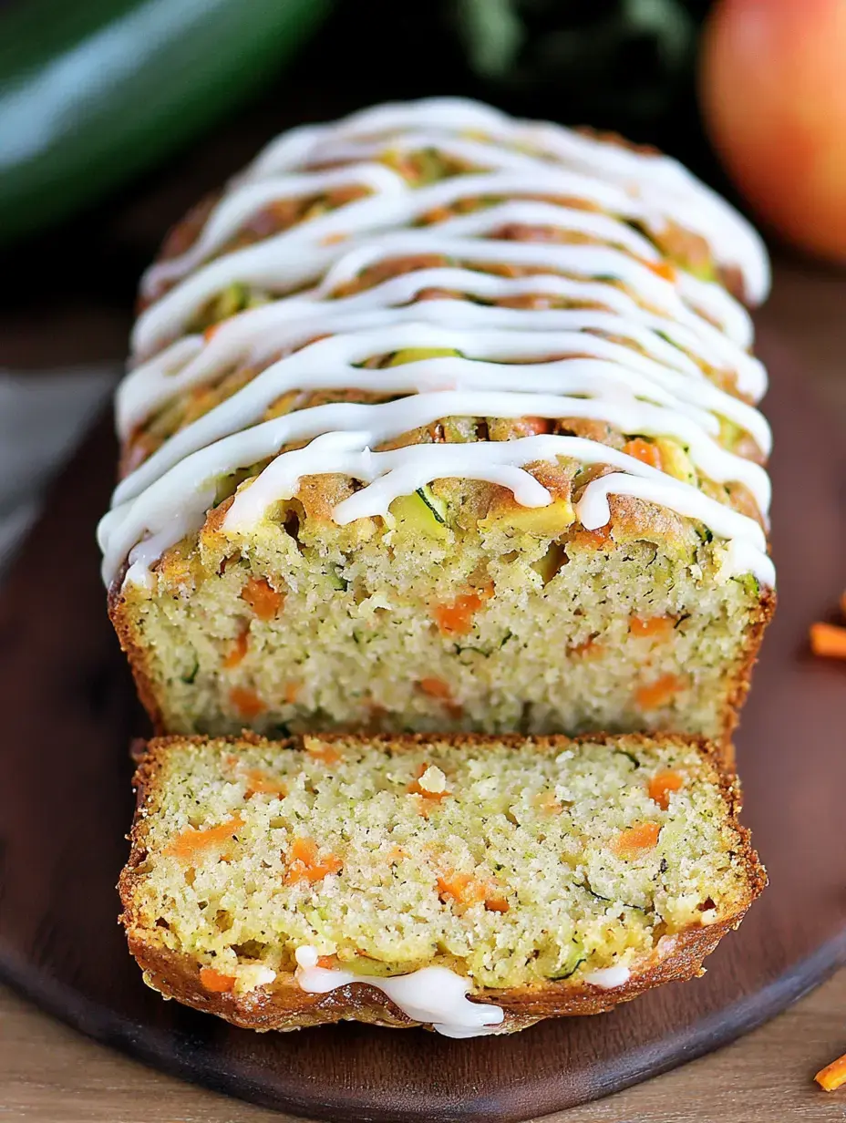 Ein aufgeschnittenes Zucchini-Karotten-Brot mit weißem Guss auf einem Holzbrett serviert.