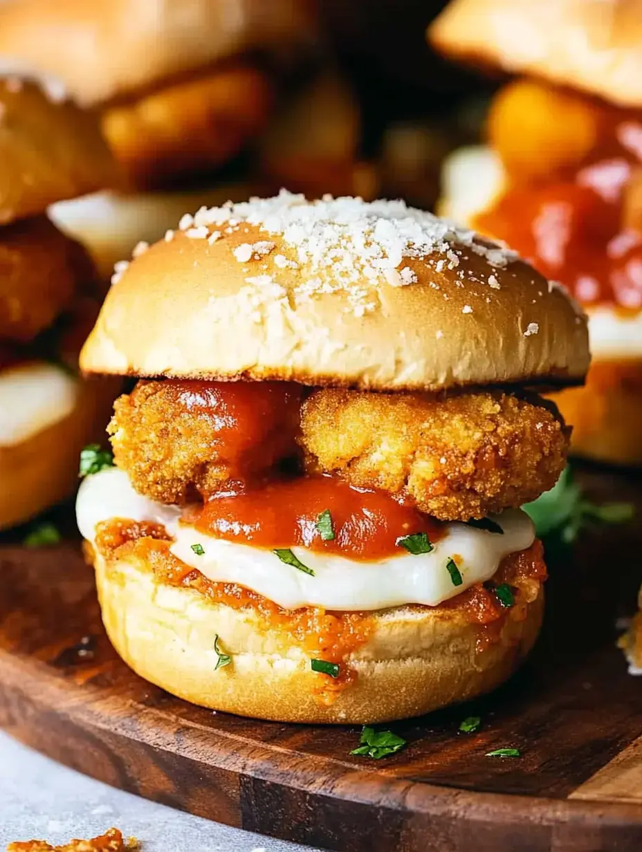 Eine Nahaufnahme eines Hähnchensandwiches belegt mit paniertem Hähnchen, Tomatensauce, Mozzarella-Käse und garniert mit Petersilie auf einem Holzbrett.