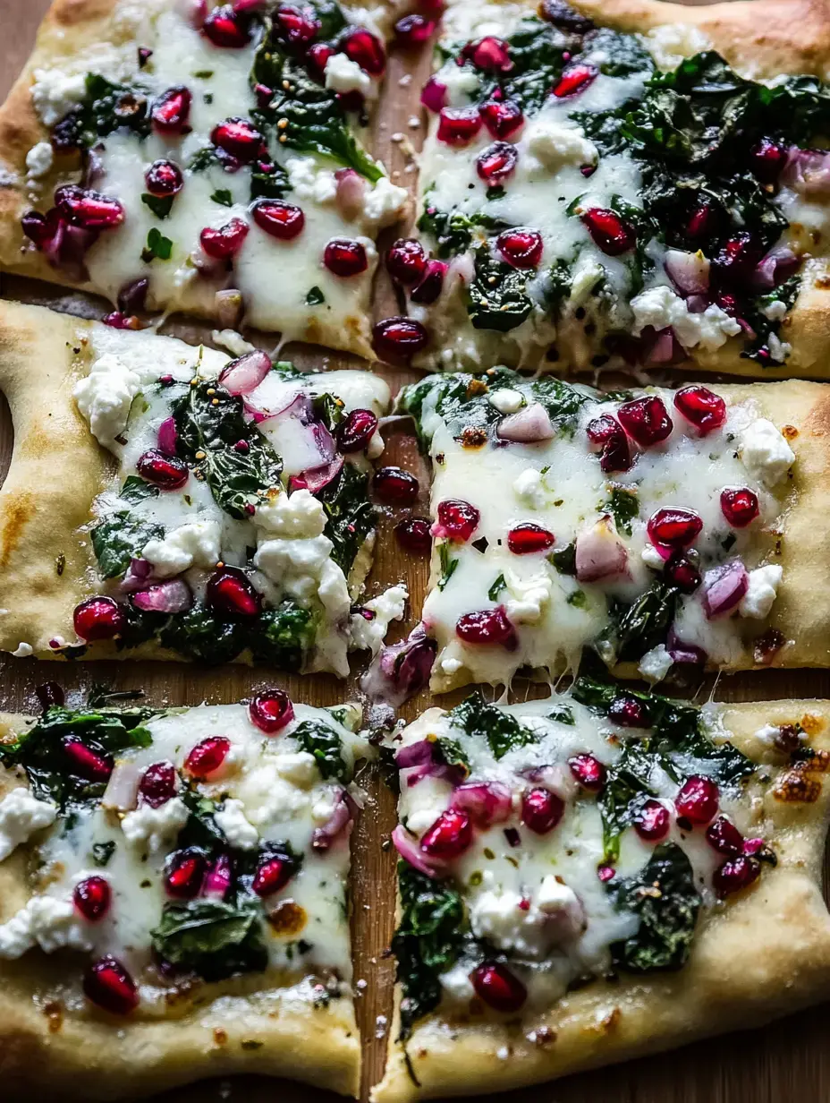 Eine Nahaufnahme einer geschnittenen Pizza mit geschmolzenem Käse, Spinat, Granatapfelkernen und kleinen Zwiebelstücken auf einer Holzunterlage.