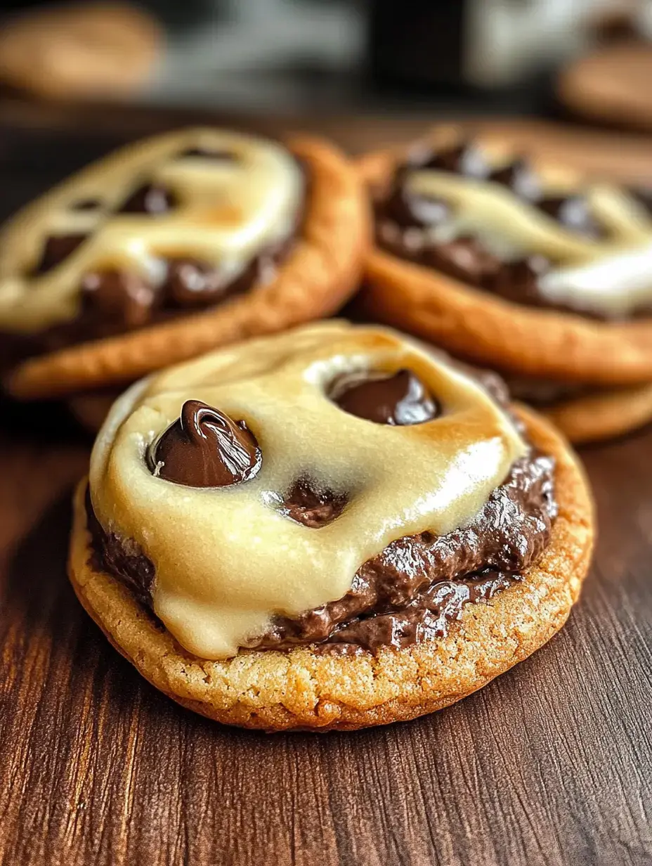 Drei Cookies mit Schokoladenfüllung und cremigem Topping auf Holzbrett.