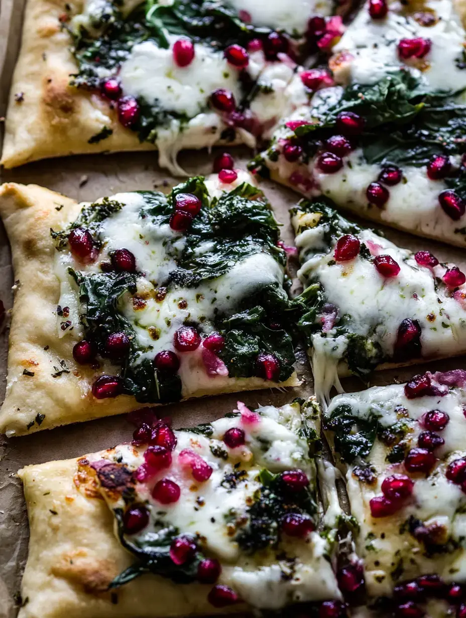Eine Nahaufnahme einer Portion Pizza mit Spinat, Granatapfelkernen und geschmolzenem Käse, in Scheiben geschnitten auf einer mit Backpapier ausgelegten Fläche.
