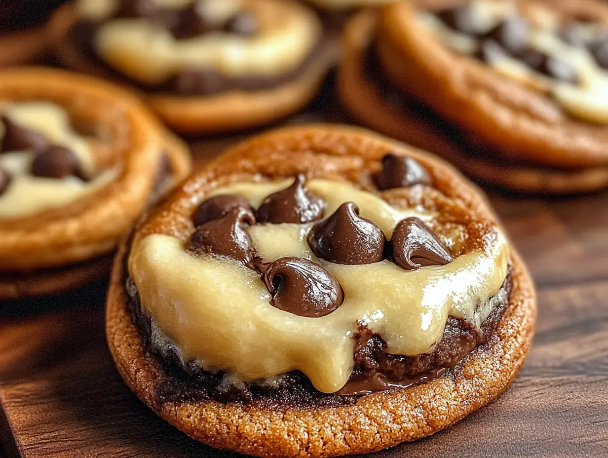 Nahaufnahme von Cookies mit Schokostückchen und cremigem Topping auf Holz.