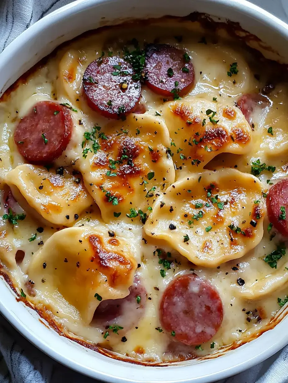 Cremiger Auflauf mit Käse gefüllten Nudelteigtaschen und Bratwurstscheiben, mit Kräutern und goldbrauner Kruste bestreut.