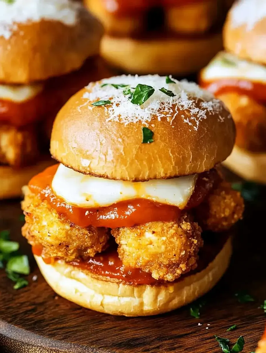 Eine Nahaufnahme eines knusprigen Hähnchensandwiches mit Tomatensauce, geschmolzenem Käse und Petersiliengarnierung auf einer Holzoberfläche.