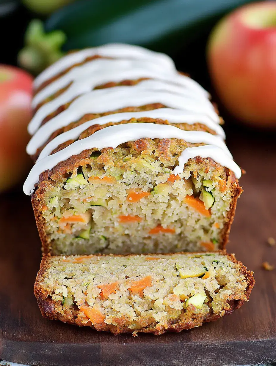 Ein Zucchinibrot ist angeschnitten, innen sieht man saftige Stücke Karotten und Zucchini, weiße Glasur obendrauf, im Hintergrund Äpfel und eine Zucchini.