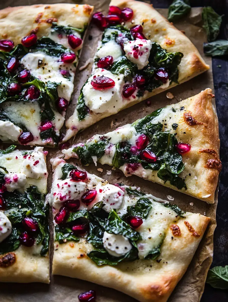 Eine frisch gebackene Pizza belegt mit Spinat, cremigem weißen Käse und verstreuten Granatapfelkernen, in Stücke geschnitten.