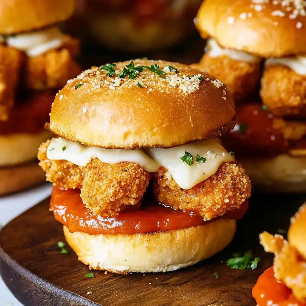 Eine Nahaufnahme eines Sandwiches mit knusprigen Hähnchenstücken, geschmolzenem Käse und Tomatensauce auf einem getoasteten Brötchen, garniert mit Petersilie.