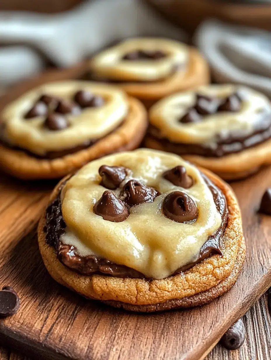 Frischgebackene Cookies mit Schoko und Frischkäsetopping auf Holzplatte.