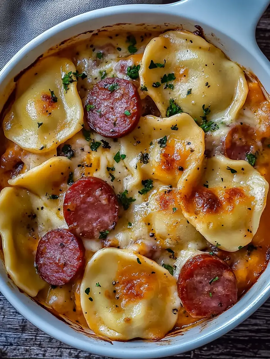 Cremiger Auflauf mit Käsetaschen und Scheiben von Bratwurst, bestreut mit Petersilie.