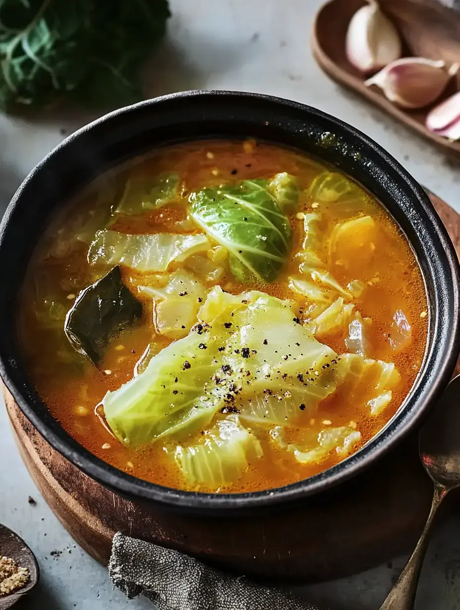 Eine dampfende Schüssel mit Kohlsuppe und Gewürzen, angerichtet in einer dunklen Schale auf Holz.