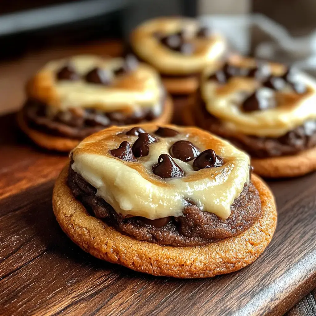 Nahaufnahme von Cookies mit Schokoglasur und Schokostücken auf Holz.