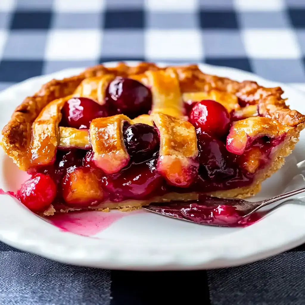 Ein Stück Beerenkuchen auf einem weißen Teller zeigt eine glänzende Fruchtfüllung und einen Gitterteig auf kariertem Tuch.