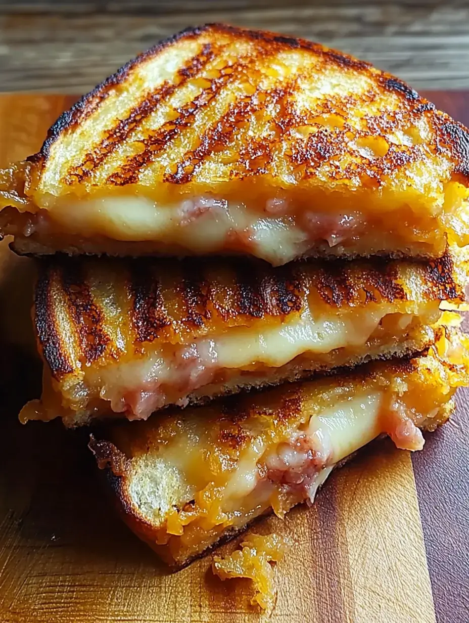Drei goldbraune, krosse Sandwiches mit zerlaufenem Käse und Schinken auf einem Holzbrett gestapelt.