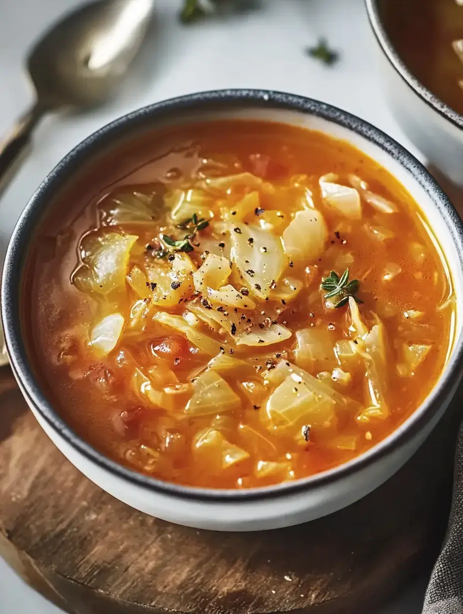 Nahaufnahme von kräftiger Kohlsuppe mit Pfeffer und frischen Kräutern in einer Schüssel auf Holz.
